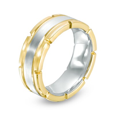 Previously Owned - Men's 8.0mm Brick-Pattern Comfort Fit Wedding Band in Two-Tone IP Tantalum