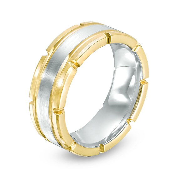 Previously Owned - Men's 8.0mm Brick-Pattern Comfort Fit Wedding Band in Two-Tone IP Tantalum