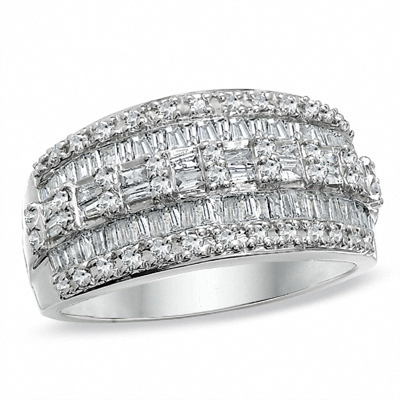 Previously Owned - 1.00 CT. T.W. Baguette and Round Diamond Three Row Ring in 10K White Gold