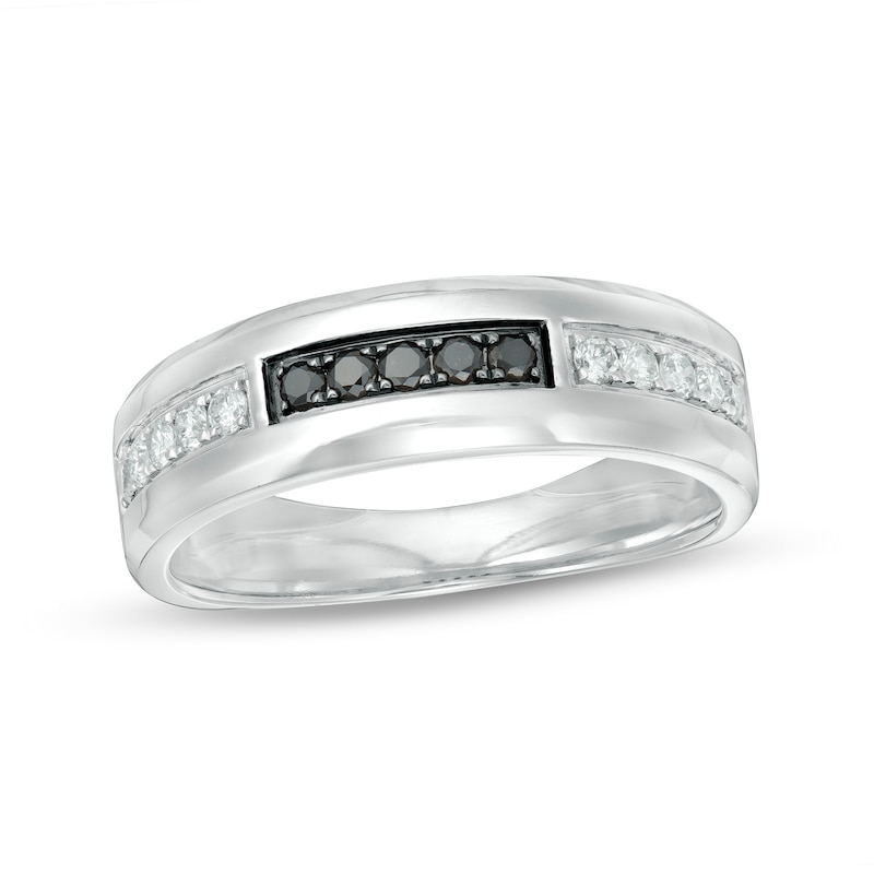 Previously Owned - Men's 0.37 CT. T.W. Enhanced Black and White Diamond Brick-Patterned Band in 10K White Gold