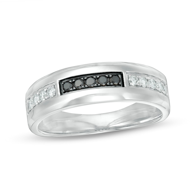 Previously Owned - Men's 0.37 CT. T.W. Enhanced Black and White Diamond Brick-Patterned Band in 10K White Gold|Peoples Jewellers