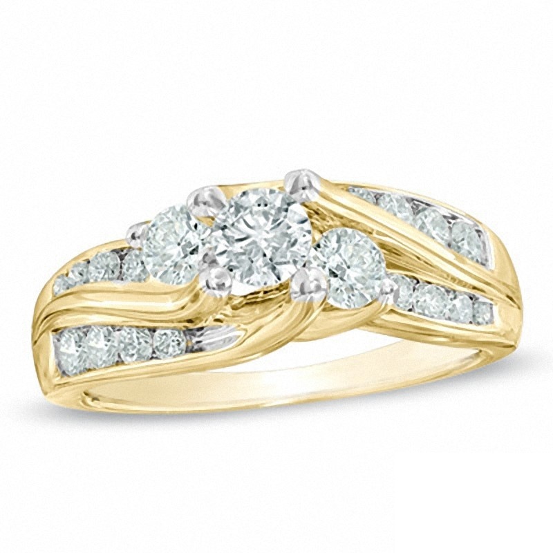 Previously Owned - 1.00 CT. T.W. Diamond Three Stone Slant Engagement Ring in 14K Gold