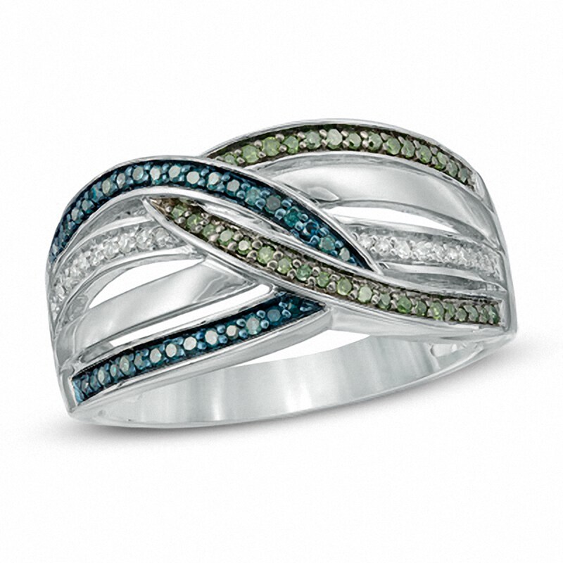 Previously Owned - 0.25 CT. T.W. Enhanced Green, Blue and White Diamond Multi-Row Ring in Sterling Silver