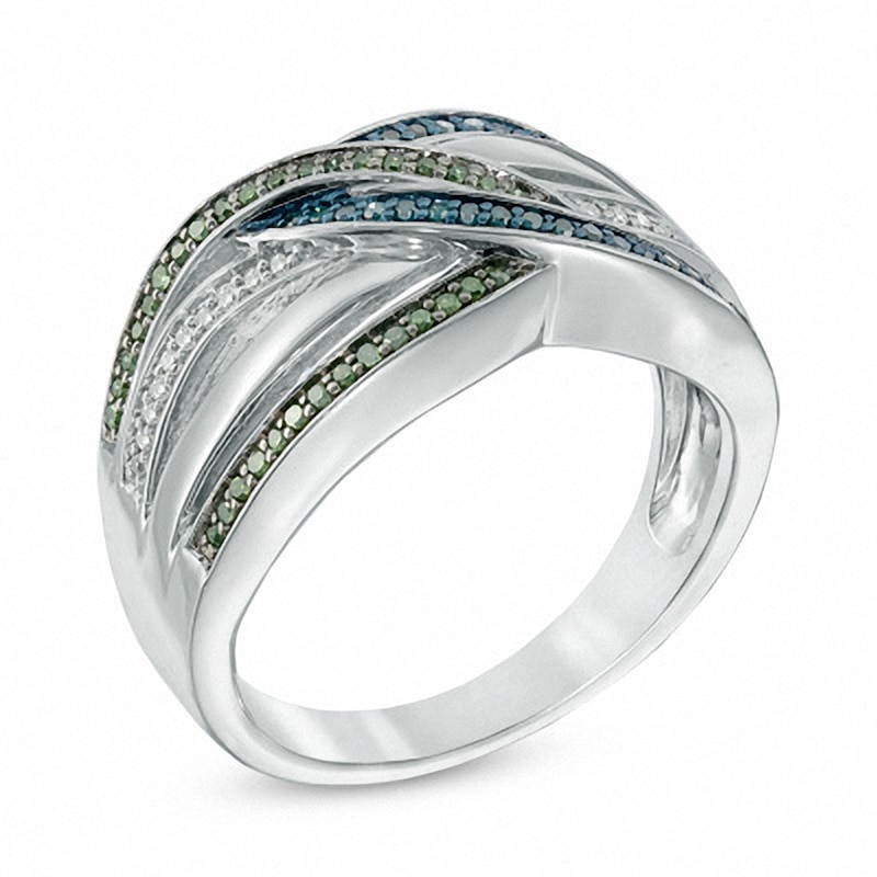 Previously Owned - 0.25 CT. T.W. Enhanced Green, Blue and White Diamond Multi-Row Ring in Sterling Silver