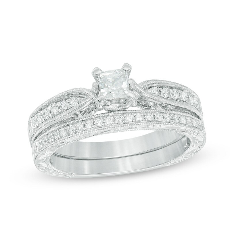 Main Image 1 of Previously Owned - 0.45 CT. T.W. Princess-Cut Diamond Vintage-Style Bridal Set in 10K White Gold