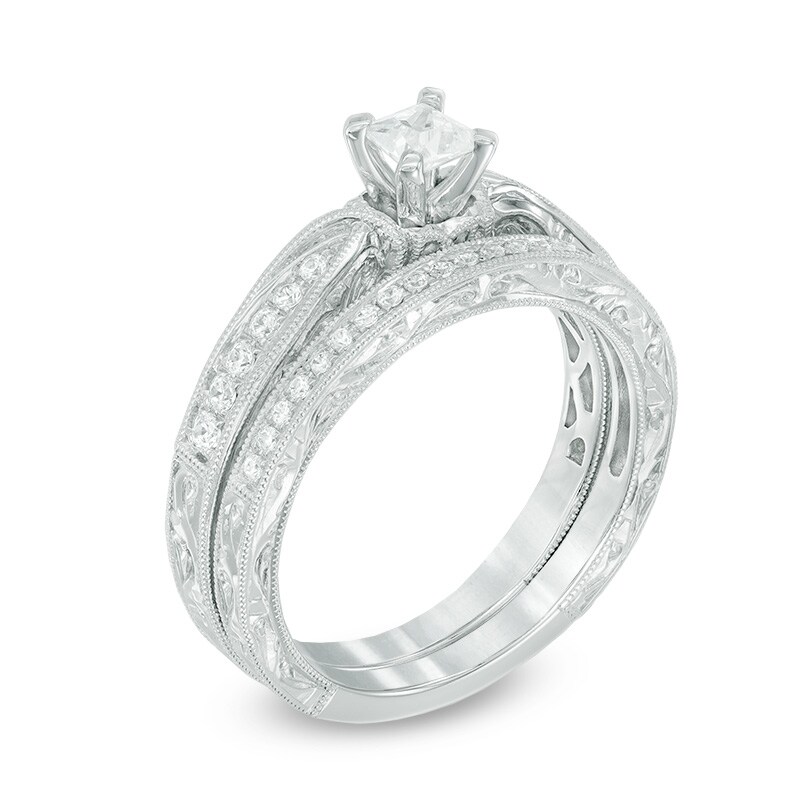 Main Image 2 of Previously Owned - 0.45 CT. T.W. Princess-Cut Diamond Vintage-Style Bridal Set in 10K White Gold