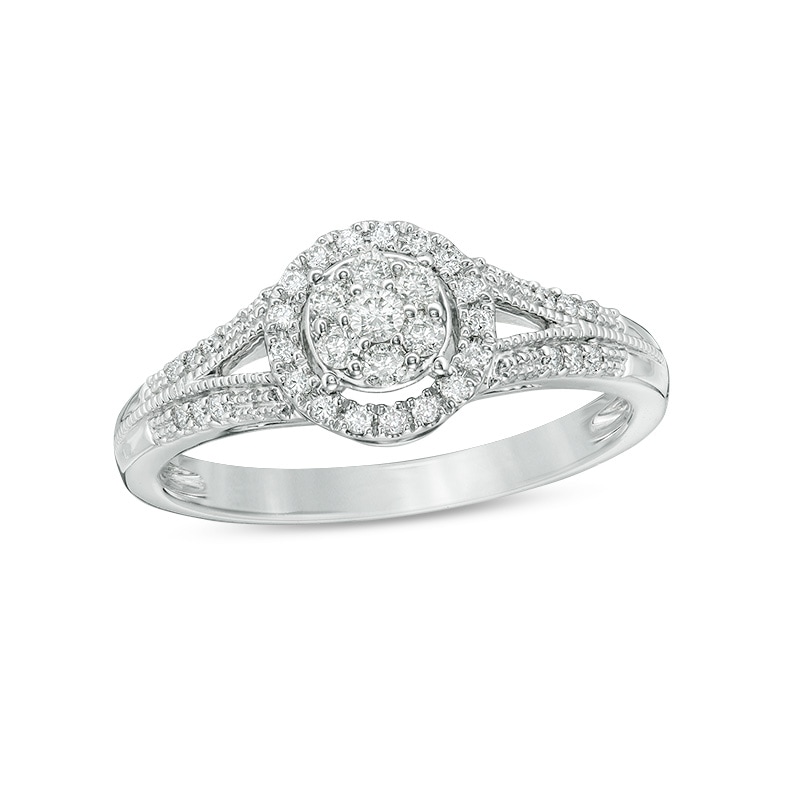 Previously Owned - 0.23 CT. T.W. Composite Diamond Frame Vintage-Style Engagement Ring in 10K White Gold
