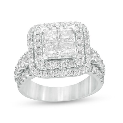 Previously Owned - 2.81 CT. T.W. Quad Princess-Cut Diamond Double Frame Engagement Ring in 14K White Gold