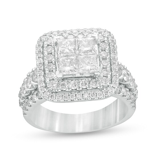 Previously Owned - 2.81 CT. T.W. Quad Princess-Cut Diamond Double Frame Engagement Ring in 14K White Gold