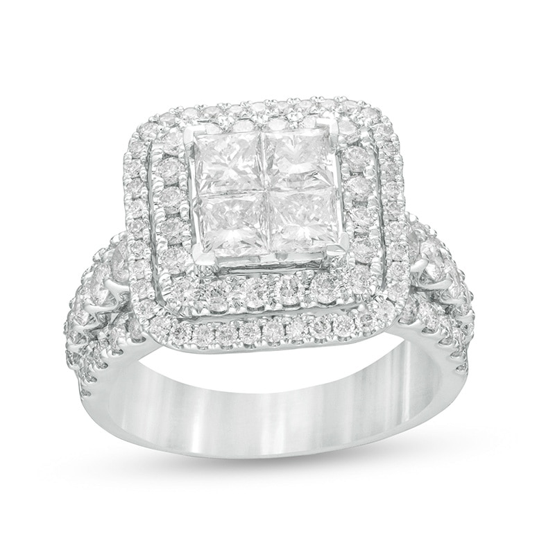 Previously Owned - 2.81 CT. T.W. Quad Princess-Cut Diamond Double Frame Engagement Ring in 14K White Gold