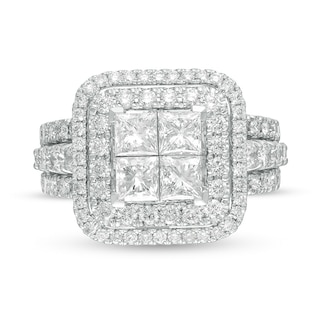 Previously Owned - 2.81 CT. T.W. Quad Princess-Cut Diamond Double Frame Engagement Ring in 14K White Gold
