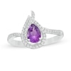 Thumbnail Image 0 of Previously Owned - Pear-Shaped Amethyst and Lab-Created White Sapphire Flame Ring in Sterling Silver