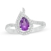Previously Owned - Pear-Shaped Amethyst and Lab-Created White Sapphire Flame Ring in Sterling Silver