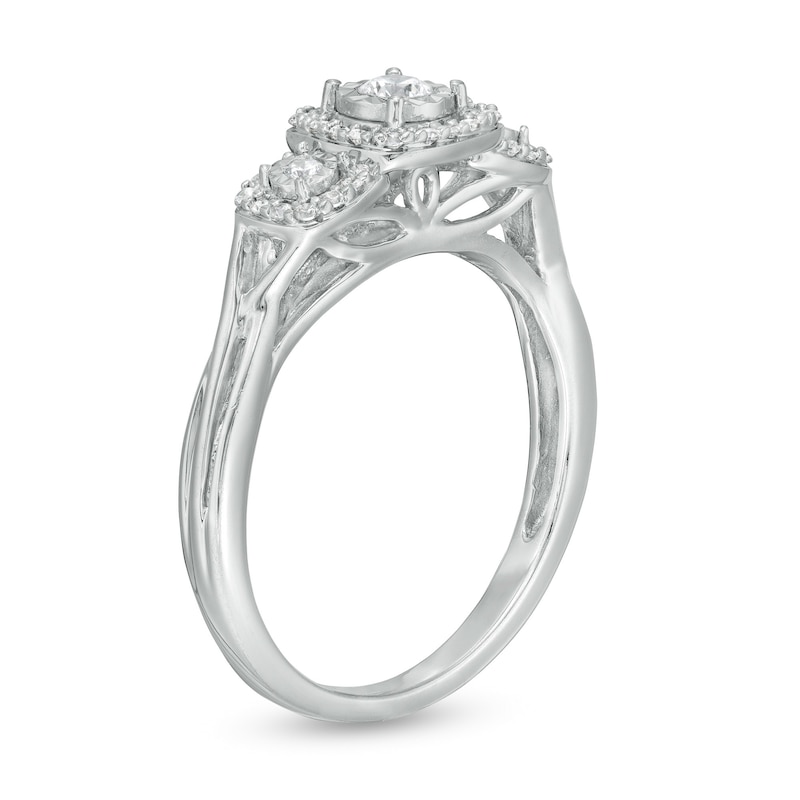 Previously Owned - 0.25 CT. T.W. Diamond Past Present Future® Cushion Frame Engagement Ring in 10K White Gold