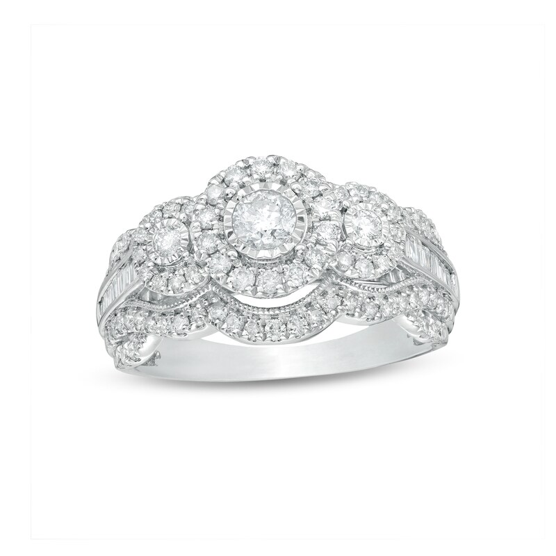 Previously Owned - 1.00 CT. T.W. Diamond Frame Past Present Future® Vintage-Style Engagement Ring in 10K White Gold