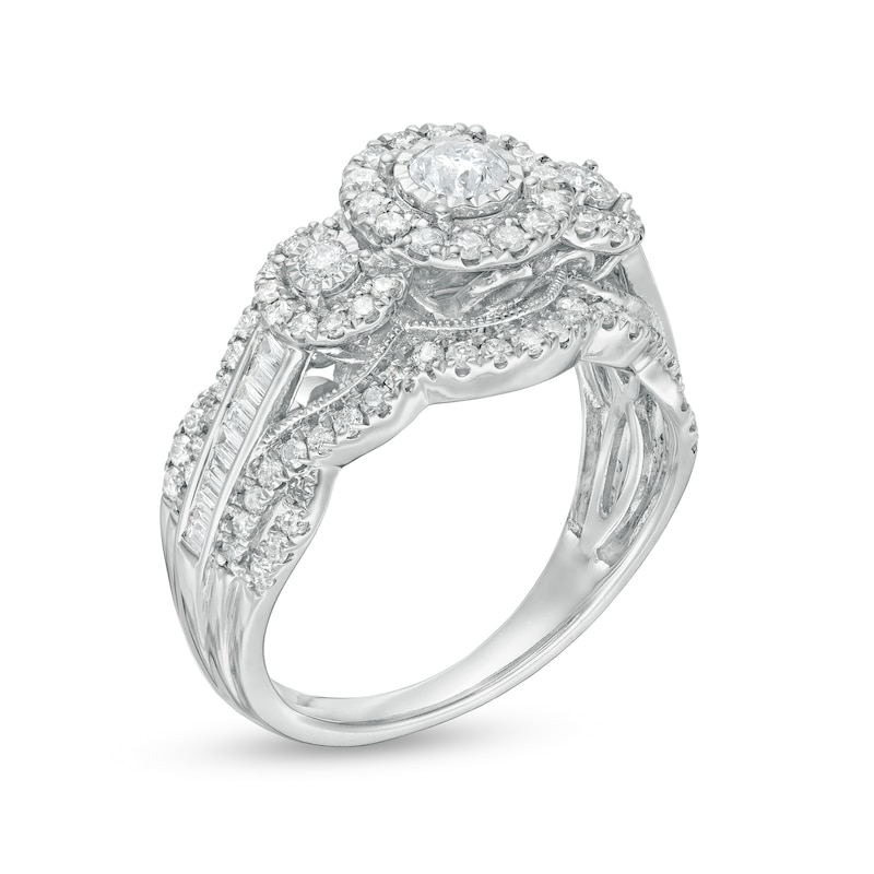 Previously Owned - 1.00 CT. T.W. Diamond Frame Past Present Future® Vintage-Style Engagement Ring in 10K White Gold