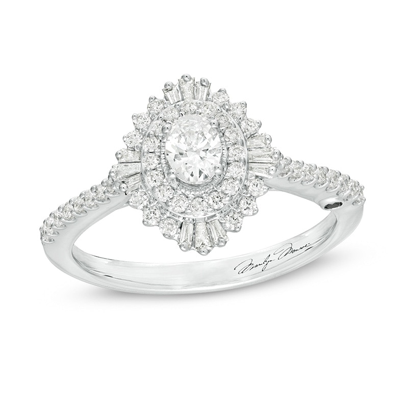 Main Image 1 of Previously Owned - Marilyn Monroe™ Collection 0.58 CT. T.W. Oval Diamond Starburst Engagement Ring in 14K White Gold