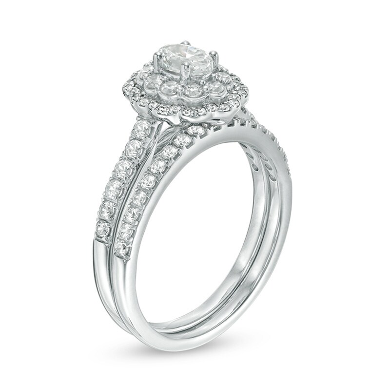 Main Image 2 of Previously Owned - 1.00 CT. T.W. Oval Diamond Double Scallop Frame Bridal Set in 14K White Gold