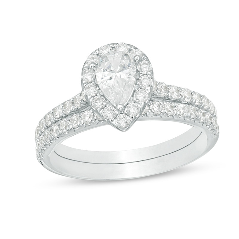 Previously Owned - 1.25 CT. T.W. Canadian Pear-Shaped Diamond Frame Bridal Set in 14K White Gold