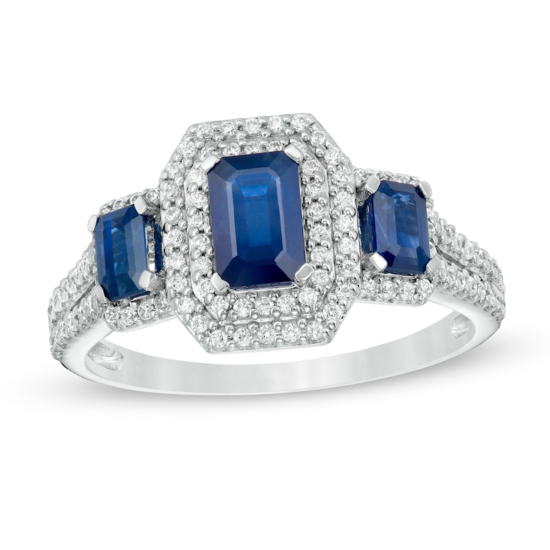 Previously Owned - Emerald-Cut Blue Sapphire and 0.33 CT. T.W. Diamond Three Stone Engagement Ring in 14K White Gold