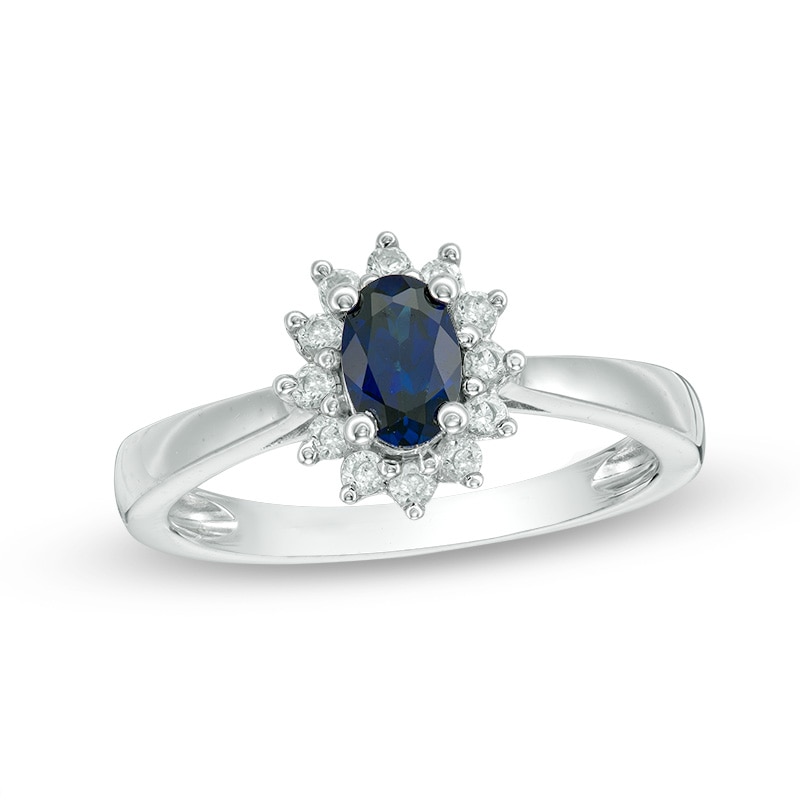 Previously Owned - Oval Blue Sapphire and 0.18 CT. T.W. Diamond Starburst Frame Ring in 10K White Gold|Peoples Jewellers