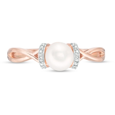 Previously Owned-6.0mm Freshwater Cultured Pearl and Diamond Accent Collar Twist Shank Ring in 10K Rose Gold