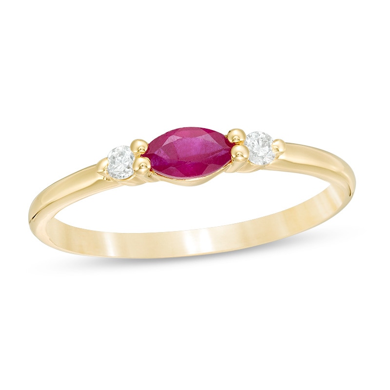 Previously Owned - Sideways Marquise Ruby and 0.066 CT. T.W. Diamond Side Accent Stackable Band in 10K Gold
