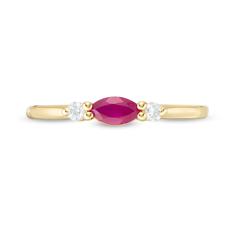 Previously Owned - Sideways Marquise Ruby and 0.066 CT. T.W. Diamond Side Accent Stackable Band in 10K Gold