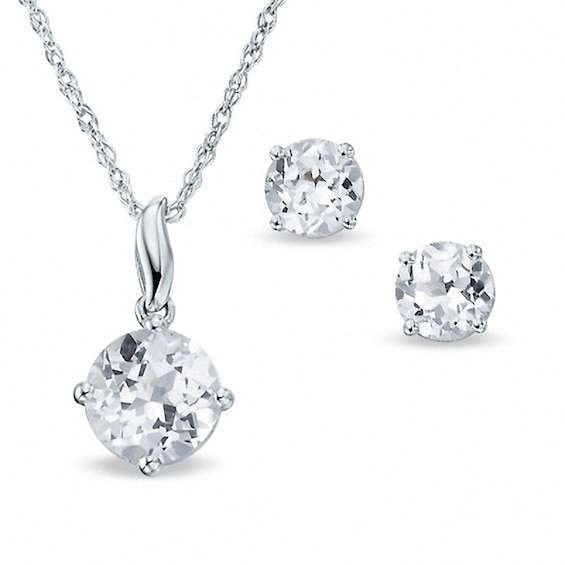 Previously Owned - Lab-Created White Sapphire Stud Earrings and Pendant Set in Sterling Silver