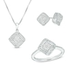 Thumbnail Image 1 of Previously Owned - 0.17 CT. T.W. Composite Diamond Cushion Weave Frame Pendant, Stud Earrings and Ring Set