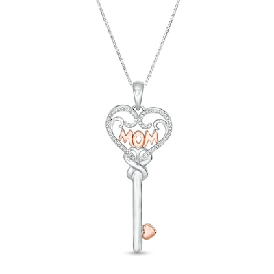 Previously Owned - 0.09 CT. T.W. Diamond "MOM" Heart-Top Key Pendant in Sterling Silver and 10K Rose Gold