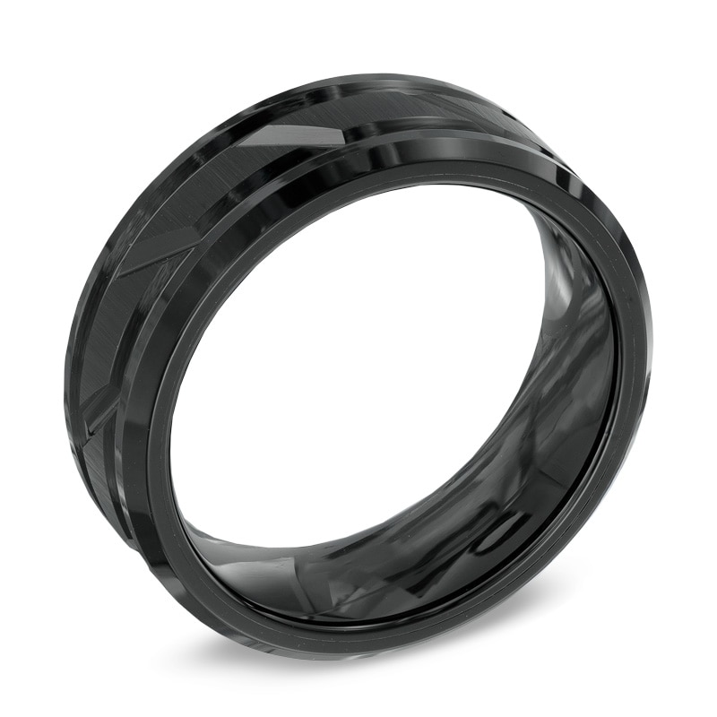 Previously Owned - Triton Men's 8.0mm Comfort Fit Black Tungsten Beveled Edge Groove Wedding Band