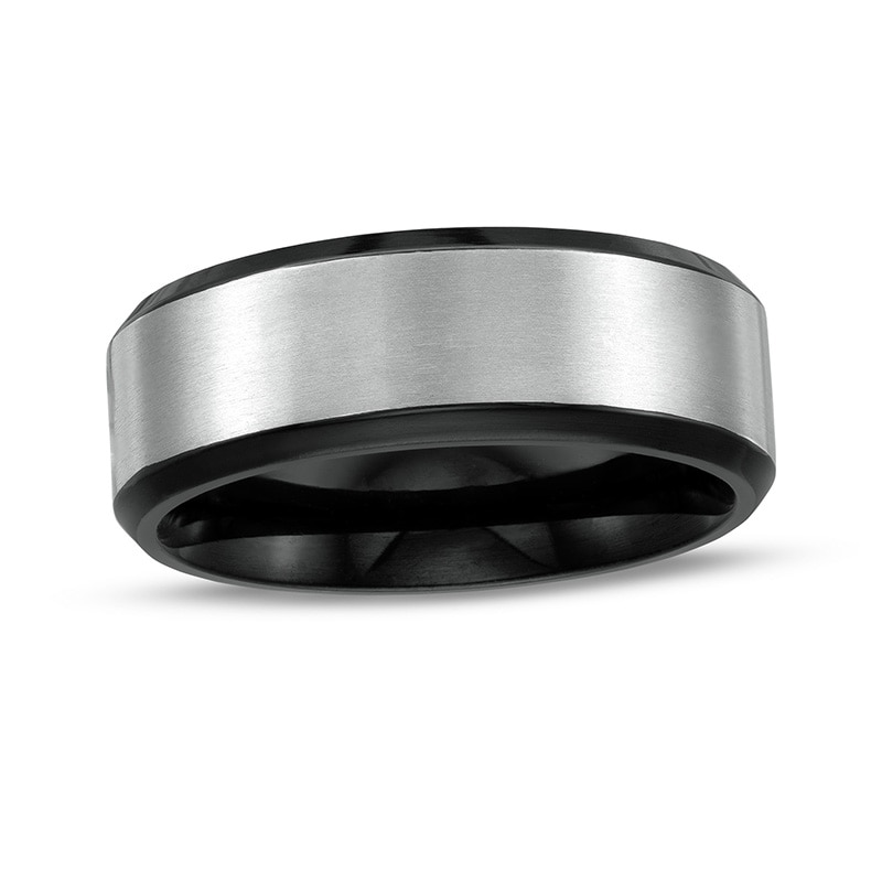 Previously Owned - Men's 8.0mm Brushed Beveled Edge Comfort-Fit Wedding Band in Titanium and Black IP
