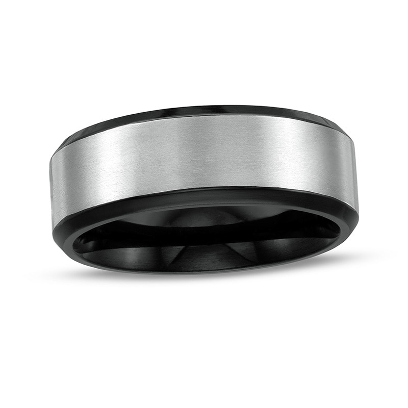 Previously Owned - Men's 8.0mm Brushed Beveled Edge Comfort-Fit Wedding Band in Titanium and Black IP|Peoples Jewellers