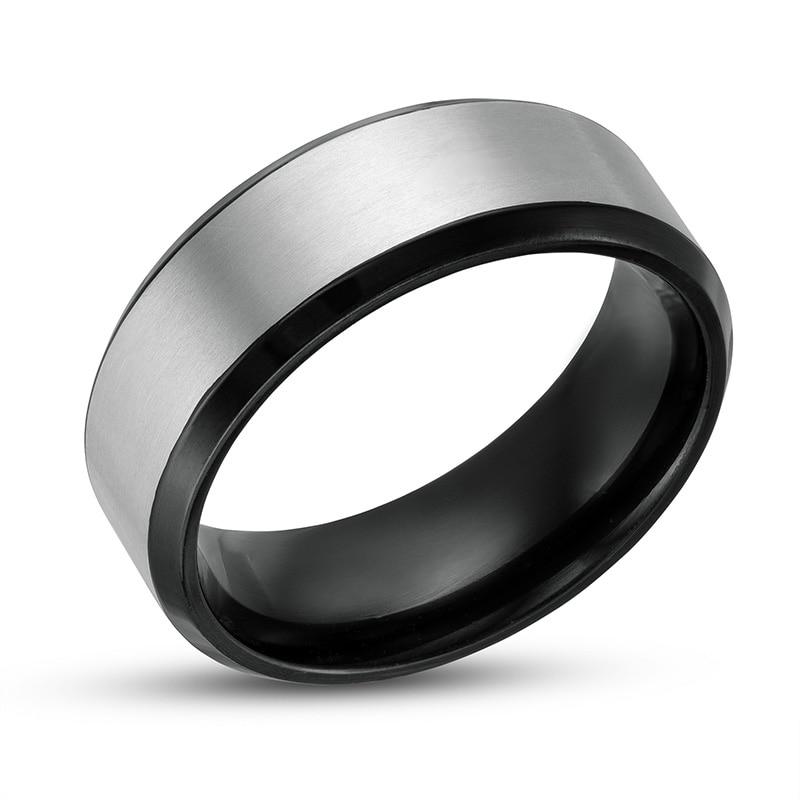 Previously Owned - Men's 8.0mm Brushed Beveled Edge Comfort-Fit Wedding Band in Titanium and Black IP