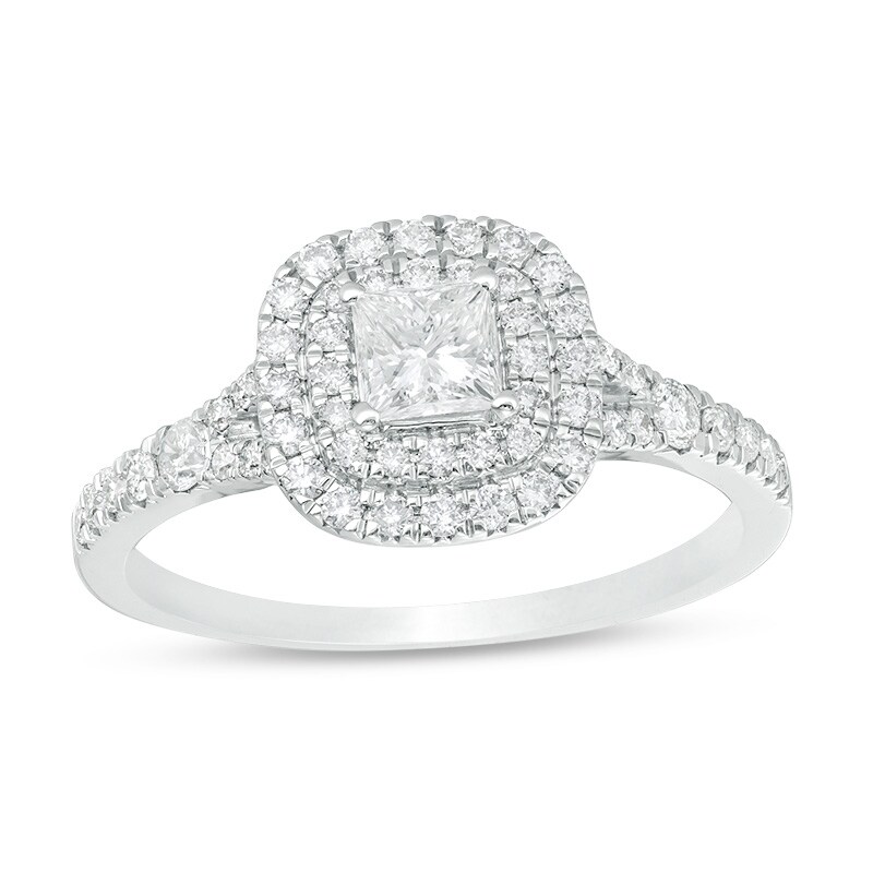 Previously Owned - 0.70 CT. T.W. Princess-Cut Diamond Double Frame Engagement Ring in 14K White Gold (I/I2)