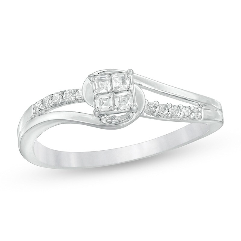 Previously Owned - 0.18 CT T.W. Quad Princess-Cut Diamond Swirl Promise Ring in 10K White Gold