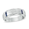 Thumbnail Image 0 of Previously Owned Vera Wang Love Collection Men's 0.12 CT. T.W. Square Diamond and Blue Sapphire Band in 14K White Gold