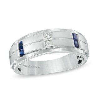 Previously Owned Vera Wang Love Collection Men's 0.12 CT. T.W. Square Diamond and Blue Sapphire Band in 14K White Gold