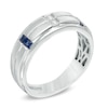 Thumbnail Image 1 of Previously Owned Vera Wang Love Collection Men's 0.12 CT. T.W. Square Diamond and Blue Sapphire Band in 14K White Gold