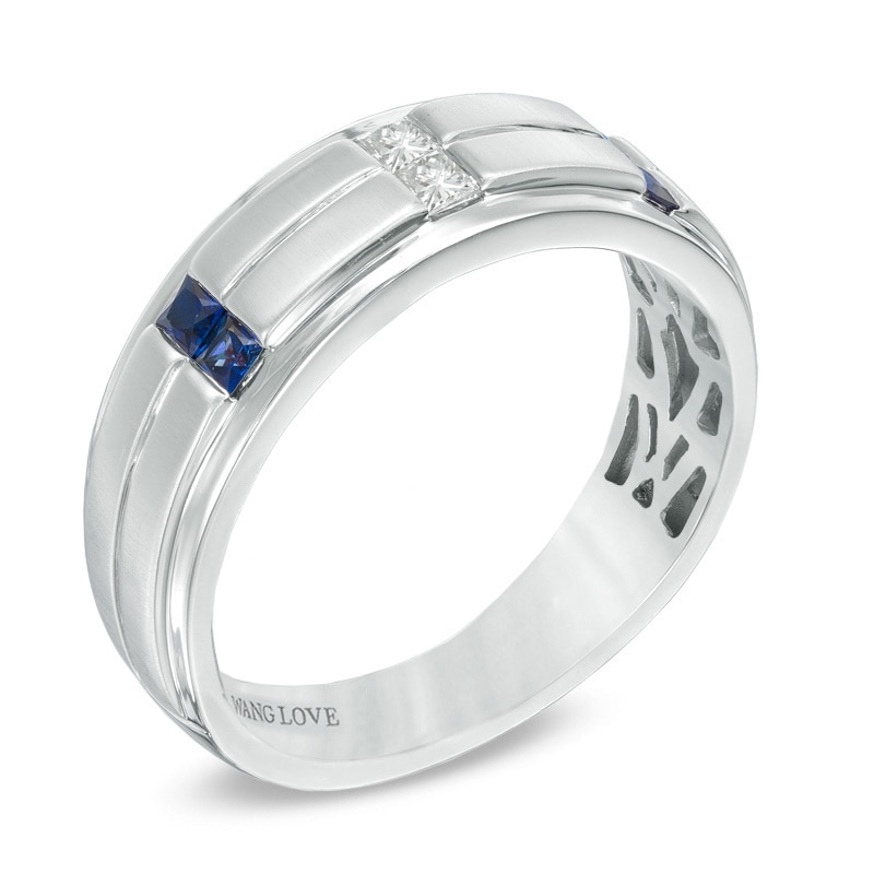 Previously Owned Vera Wang Love Collection Men's 0.12 CT. T.W. Square Diamond and Blue Sapphire Band in 14K White Gold