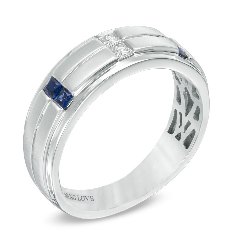 Previously Owned Vera Wang Love Collection Men's 0.12 CT. T.W. Square Diamond and Blue Sapphire Band in 14K White Gold|Peoples Jewellers