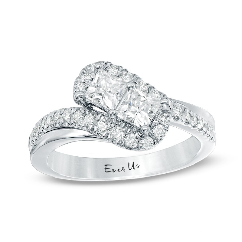 Previously Owned - Ever Us™ 1.00 CT. T.W. Two-Stone Princess-Cut Diamond Tilted Bypass Frame Ring in 14K White Gold