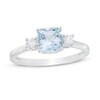Previously Owned - 6.0mm Cushion-Cut Aquamarine and White Lab-Created Sapphire Three Stone Ring in Sterling Silver