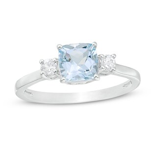 Previously Owned - 6.0mm Cushion-Cut Aquamarine and White Lab-Created Sapphire Three Stone Ring in Sterling Silver
