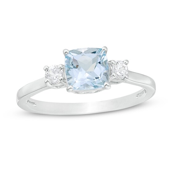 Previously Owned - 6.0mm Cushion-Cut Aquamarine and White Lab-Created Sapphire Three Stone Ring in Sterling Silver