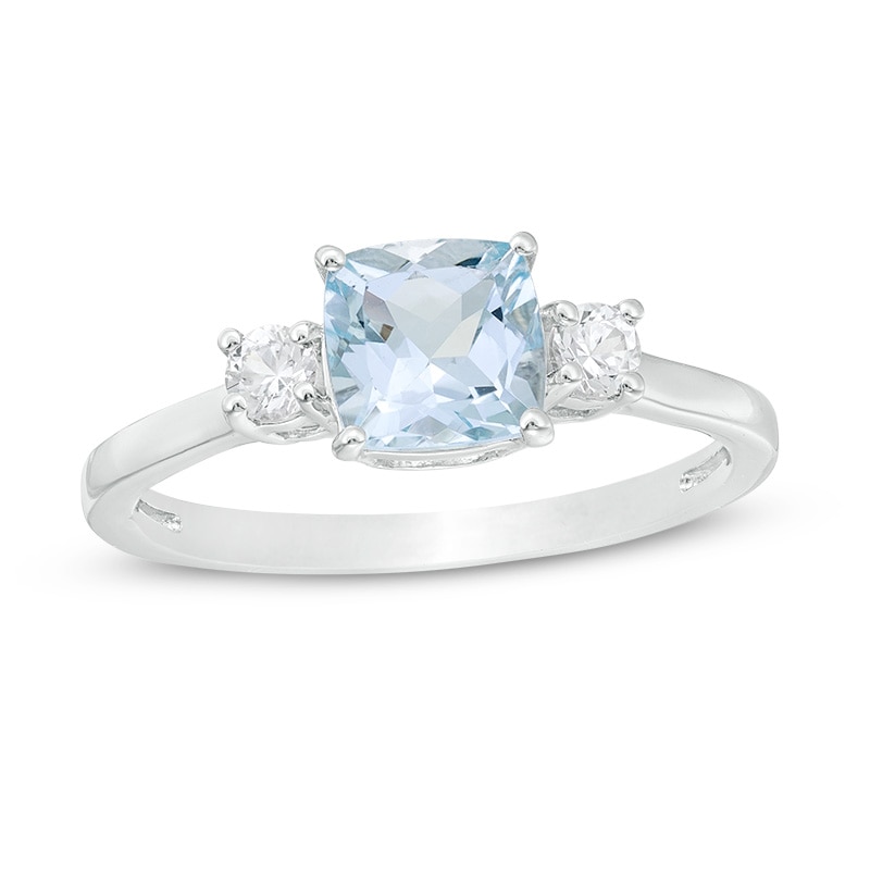 Previously Owned - 6.0mm Cushion-Cut Aquamarine and White Lab-Created Sapphire Three Stone Ring in Sterling Silver