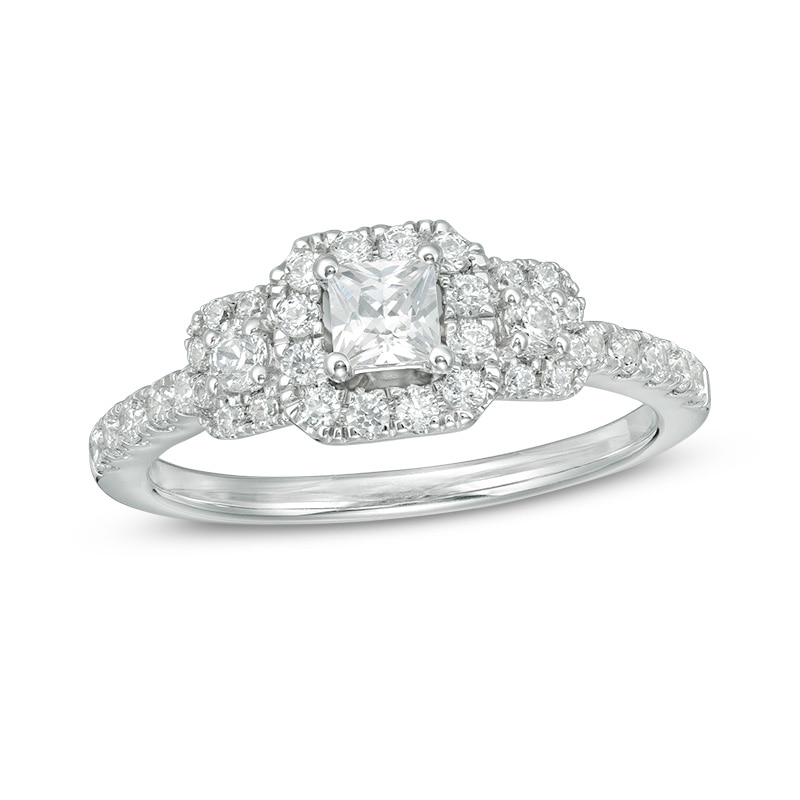 Previously Owned - 0.75 CT. T.W. Princess-Cut Diamond Past Present Future® Frame Engagement Ring in 14K White Gold