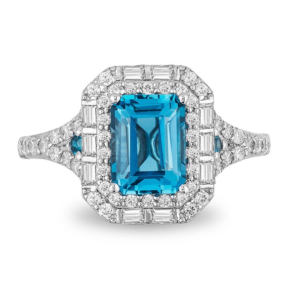 Previously Owned - Enchanted Disney Cinderella London Blue Topaz and 0.69 CT. T.W. Diamond Frame Ring in 14K White Gold