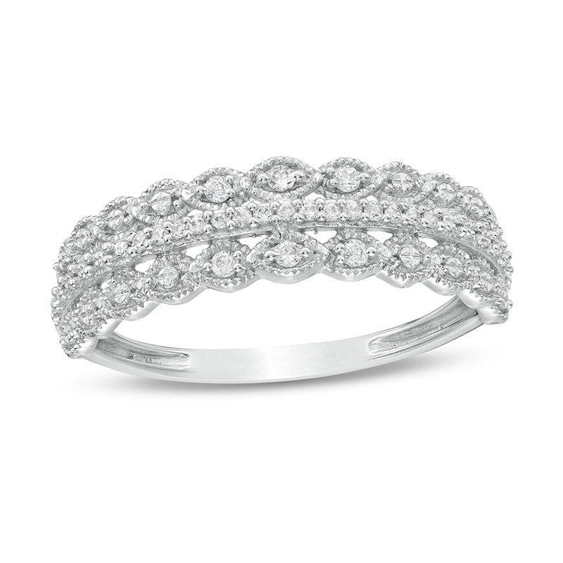 Main Image 1 of Previously Owned - 0.065 CT. T.W. Diamond Triple Row Vintage-Style Ring in 10K White Gold